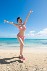 1girl armpits arms_up beach bikini blue_sky breasts brown_eyes brown_hair cleavage day female_focus highres japanese_(nationality) large_breasts looking_at_viewer medium_hair mole ocean outdoors photo_(medium) pink_bikini sand sky smile solo standing swimsuit tagme teeth water yoshikawa_aimi rating:Sensitive score:31 user:Alkin