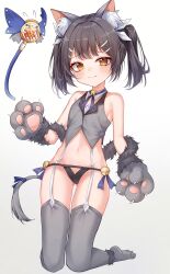  1girl absurdres animal_ear_fluff animal_ears animal_hands bare_arms bare_shoulders bell black_hair black_panties breasts cat_ears cat_tail center-flap_bangs commentary crop_top cropped_shirt double-parted_bangs embarrassed fate/kaleid_liner_prisma_illya fate_(series) garter_straps gloves gradient_background grey_background grey_shirt grey_thighhighs groin hair_ornament hairclip heart heart-shaped_pupils highres huge_filesize jingle_bell kaleidostick kneeling loli looking_at_viewer loyo magical_sapphire midriff miyu_edelfelt miyu_edelfelt_(beast_style) navel neck_bell neck_ribbon no_shoes official_alternate_costume panties paw_gloves ribbon shirt short_hair sleeveless sleeveless_shirt small_breasts solo symbol-only_commentary symbol-shaped_pupils tail tail_ornament tail_ribbon thighhighs thighs thong twintails underwear white_garter_straps yellow_eyes 
