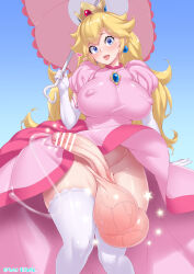  1futa artist_name blonde_hair blue_eyes breasts censored covered_erect_nipples crown curvy dress elbow_gloves erection futanari gloves highres huge_testicles large_breasts large_penis long_hair looking_at_viewer mario_(series) nintendo no_panties open_mouth penis pink_dress precum princess_peach solo super_mario_bros._1 testicles thick_thighs thighhighs thighs tongue tongue_out umbrella uno_makoto veins veiny_penis veiny_testicles wide_hips  rating:Explicit score:123 user:RadRuss
