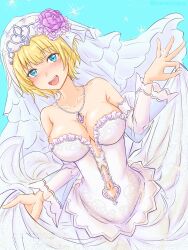  1girl :d blonde_hair blue_background blue_eyes breasts bridal_veil clothing_cutout commentary_request detached_sleeves dress flower highres jewelry komemogoo large_breasts looking_at_viewer navel navel_cutout necklace open_mouth orsola_aquinas pearl_necklace purple_flower purple_rose rose short_hair smile solo sparkle strapless strapless_dress toaru_majutsu_no_index veil wedding_dress white_dress white_sleeves 