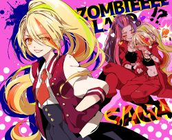  ! !! 2girls blonde_hair blush bracelet breasts cleavage closed_eyes crop_top earrings hand_in_pocket heart high_heels hug jacket jewelry kirishima_reiko_(zombie_land_saga) long_hair looking_at_viewer mamaloni multicolored_hair multiple_girls navel necklace necktie nikaidou_saki pants ponytail purple_hair smile teeth yellow_eyes yuri zombie_land_saga 