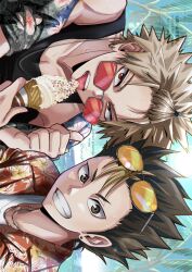  2boys alternate_costume arm_up bakugou_katsuki bangs_pinned_back bare_shoulders black_tank_top blonde_hair boku_no_hero_academia brown_eyes brown_hair commentary_request crew_neck crossover esora-arts eyewear_on_head floral_print grey-framed_eyewear grin haikyuu!! hawaiian_shirt highres holding holding_ice_cream_cone ice_cream_cone male_focus multicolored_hair multiple_boys nishinoya_yuu ocean palm_tree rectangular_eyewear red-tinted_eyewear red_eyes sanpaku shirt side-by-side sideways smile sprinkles streaked_hair summer sunglasses tank_top teeth thumbs_up tinted_eyewear tongue tongue_out tree v-shaped_eyebrows voice_actor_connection watermark white_shirt yellow-tinted_eyewear 