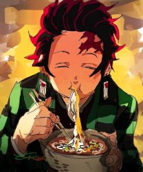  1boy ^_^ blush bowl closed_eyes commentary_request eating food haori imamuu_(imamoon) japanese_clothes kamado_tanjirou kimetsu_no_yaiba male_focus noodles ramen red_hair scar scar_on_face short_hair signature solo tassel upper_body 