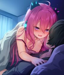  1boy 1girl ahoge akine_(kuroyuri) animal_ears bed_sheet bemani black_hair black_shirt collarbone dress fake_animal_ears flat_chest grace_(sound_voltex) highres long_hair looking_at_another on_bed open_mouth pink_dress purple_eyes shirt smile sound_voltex 