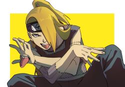  1boy black_pants black_tank_top blonde_hair blue_eyes border chasenmage deidara_(naruto) extra_mouth fishnet_top fishnets forehead_protector hair_over_one_eye hand_mouth highres iwagakure_symbol knees_up long_hair looking_at_viewer male_focus motoyui naruto_(series) naruto_shippuuden pants pnpk_1013 simple_background solo stitched_arm stitches tank_top tongue tongue_out two-tone_background upper_body white_border yellow_background 