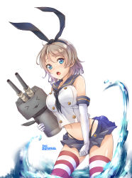 &gt;_&lt; 1girl :3 alternate_costume black_panties blue_eyes closed_eyes cosplay crop_top crop_top_overhang crossover elbow_gloves female_focus gloves hair_ribbon highleg highleg_panties highres hugging_object kanabun kantai_collection looking_at_viewer love_live! love_live!_sunshine!! machinery microskirt midriff navel open_mouth panties pleated_skirt rensouhou-chan ribbon school_uniform serafuku shimakaze_(kancolle) shimakaze_(kancolle)_(cosplay) shiny_skin ship_turret shirt skirt skirt_tug sleeveless sleeveless_shirt solo splashing striped_clothes striped_thighhighs thighhighs underwear watanabe_you water rating:Sensitive score:36 user:danbooru