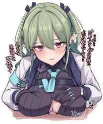  1boy 1girl android black_gloves black_shirt blush breasts button_gap collared_shirt dated gloves green_hair hair_between_eyes hetero hiruno jacket large_breasts long_hair long_sleeves looking_at_viewer lyon_(hiruno) necktie open_clothes original paizuri paizuri_under_clothes parted_lips penis piercing pointy_ears pov purple_eyes shirt signature simple_background solo_focus twintails white_background white_jacket 