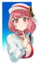  1girl aduti_momoyama bikini blush breasts cleavage closed_mouth fire_emblem fire_emblem_engage fire_emblem_heroes flower hat highres jacket jewelry lapis_(fire_emblem) lapis_(forager_of_the_sea)_(fire_emblem) medium_breasts multicolored_bikini necklace nintendo official_alternate_costume pink_eyes pink_hair red_bikini see-through_clothes see-through_jacket short_hair smile solo sunflower swimsuit two-tone_hat upper_body v white_hat white_jacket 