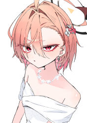  1girl ahoge blue_archive blush breasts dress earrings flower flower_on_head halo highres jewelry mo2upoyo mole mole_under_each_eye mole_under_eye multiple_moles necklace neru_(blue_archive) off-shoulder_dress off_shoulder orange_hair pearl_necklace red_eyes short_hair slit_pupils small_breasts solo white_background white_dress 