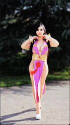  1girl alternate_color alternate_costume animated ass ass_shake audible_music bracelet braid breasts capcom chilean_(nationality) chun-li chun-li_(cosplay) claubailarinita cleavage cosplay curvy dancing dress highres jewelry long_hair looking_at_viewer multiple_views naughty_face official_alternate_costume photo_(medium) pink_dress revealing_clothes shiny_skin short_dress simple_background skin_tight sound spiked_bracelet spikes standing street_fighter street_fighter_iv street_fighter_v tagme thighs turnaround video 