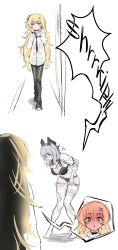  2girls @_@ absurdres adjusting_clothes adjusting_legwear alternate_costume atzza_a barefoot black_bra black_gloves black_panties black_pants blonde_hair blush bra breasts cleavage collared_shirt demon_horns full_body gloves grey_hair hair_ornament highres horns large_breasts long_hair long_sleeves mole mole_on_breast multiple_girls multiple_views necktie nose_blush panties pants pantyhose parted_lips phoebe_(wuthering_waves) purple_eyes red_necktie shirt torn_clothes torn_pantyhose underwear white_pantyhose white_shirt wuthering_waves x_hair_ornament yuri zani_(wuthering_waves) 