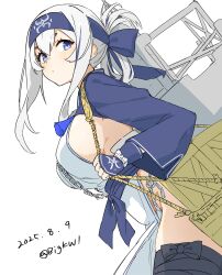  1girl absurdres ainu ainu_clothes bandana bigkwl blue_eyes blue_hair blue_headband breasts cropped_jacket folded_ponytail from_side fundoshi hair_between_eyes headband highres japanese_clothes kamoi_(kancolle) kantai_collection large_breasts leg_wrap long_hair long_sleeves pelvic_curtain rigging sideboob sidelocks solo thick_eyebrows white_hair wrist_guards 