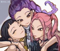  3girls arms_on_another&#039;s_shoulder artist_name black_choker black_hair black_shirt braid brown_eyes choker closed_eyes closed_mouth double_bun earrings friends group_hug hair_bun hair_up hashtag-only_commentary head_tilt heads_together highres hoop_earrings hug indoors jewelry kpop_demon_hunters light_smile long_braid long_hair looking_down looking_to_the_side mira_(kpop_demon_hunters) multiple_girls necklace parted_bangs pink_hair pink_lips purple_hair rainbow rumi_(kpop_demon_hunters) shade shirt short_bangs single_braid standing twintails twitter_username umin_168 zoey_(kpop_demon_hunters) 