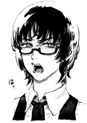  1girl collared_shirt commentary_request eri_(sayonara_eri) facing_viewer glasses greyscale ireading looking_to_the_side monochrome necktie open_mouth portrait sayonara_eri shirt short_hair sidelocks simple_background solo teeth white_background wispy_bangs 