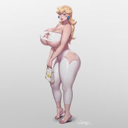  1girl anklet ass bag blonde_hair blue_eyes breasts cleavage cleavage_cutout clothing_cutout earrings handbag high_heels hip_vent huge_breasts jewelry lips lipstick long_hair makeup mario_(series) nail_polish nintendo pinkdrawz ponytail princess_peach ring solo star_cutout super_mario_bros._1 toe_ring underboob 