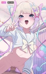 1boy 1girl absurdres blonde_hair blue_bow blue_eyes blue_hair blurry blurry_background bottomless bow breasts chouzetsusaikawa_tenshi-chan cowgirl_position fingernails girl_on_top hair_bow hetero highres kakure_eria livestream loli long_hair long_sleeves looking_at_viewer male_pubic_hair multicolored_hair nail_polish needy_girl_overdose nipples one_breast_out open_mouth penis pink_hair pov pov_crotch pubic_hair purple_bow pussy red_bow saliva school_uniform serafuku sex small_breasts solo_focus spread_legs steam straddling teeth tongue tongue_out translation_request uncensored upper_teeth_only vaginal veins veiny_penis w yami_kawaii rating:Explicit score:748 user:danbooru