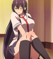 1girl absurdres anime_screenshot arm_support between_breasts black_socks blush breasts closed_mouth collared_shirt feet_out_of_frame female_focus haite_kudasai_takamine-san hallway highres indoors kneehighs knees_up large_breasts long_hair looking_at_viewer necktie necktie_between_breasts on_floor one_eye_closed pleated_skirt purple_hair red_eyes red_necktie school_uniform shirt short_sleeves skirt socks solo stitched takamine_takane thighs third-party_edit very_long_hair white_shirt