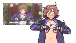  1girl 24takokai10 blush breasts brown_hair commentary_request covering_breasts covering_privates dog_tail embarrassed game_screenshot_inset gloves honda_mio idolmaster idolmaster_cinderella_girls jacket microphone naked_jacket navel open_mouth purple_gloves purple_jacket short_hair simple_background solo sweatdrop tail upper_body white_background yellow_eyes 