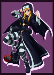 1girl arc_system_works bad_id bad_pixiv_id blonde_hair blue_eyes bridget_(guilty_gear) chain cross cuffs genderswap genderswap_(mtf) gufreedom guilty_gear guilty_gear_xx handcuffs nun pantyhose purple_eyes smile striped_clothes striped_pantyhose yo-yo rating:Sensitive score:29 user:danbooru