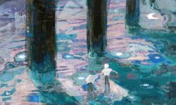  2boys abstract abstract_background aqua_theme black_pants brown_hair brush_stroke crescent distortion faux_traditional_media highres hj_hikari0606 ikari_shinji impressionism lily_pad multiple_boys nagisa_kaworu neon_genesis_evangelion outdoors pants reflection reflective_water scenery shirt short_hair short_sleeves water white_hair white_shirt wide_shot 