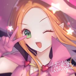  1girl blush cape chocolat_meilleure commentary dress gloves green_eyes hashtag-only_commentary long_hair looking_at_viewer magical_girl one_eye_closed open_mouth orange_hair pink_cape pink_dress pink_gloves pointy_ears sidelocks solo star_(symbol) sugar_sugar_rune symbol-only_commentary v waka_ryou witch 