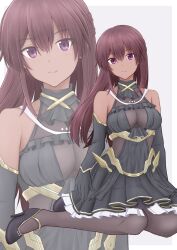  1girl absurdres alice_gear_aegis bare_shoulders black_dress black_gloves breasts brown_hair cleavage closed_mouth dark-skinned_female dark_skin dress elbow_gloves fatima_betrorum frilled_dress frills full_body gloves hair_between_eyes high_heels highres large_breasts long_hair looking_at_viewer pantyhose purple_eyes sitting smile solo tubamesaapoo zoom_layer 