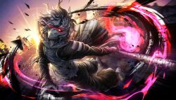  1boy baseball_bat black_jacket black_pants clenched_teeth colored_sclera glowing glowing_eye highres holding holding_baseball_bat jacket looking_at_viewer male_focus multicolored_hair nail nail_(hardware) nail_bat non-web_source official_art one_eye_covered pants q_(tribe_nine) red_sclera shoes sneakers solo streaked_hair teeth tribe_nine white_eyes white_hair 
