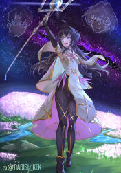  1boy 2girls absurdres ahoge arm_up armpits black_hair blue_eyes breasts commission constellation detached_sleeves dress fate/grand_order fate_(series) father_and_daughter flower fujimaru_myriam_(altermagna) fujimaru_ritsuka_(male) grass hair_intakes highres holding holding_staff if_they_mated leotard long_hair merlin_(fate/prototype) milky_way mother_and_daughter multiple_girls night night_sky one_eye_closed original pink_eyes pink_flower radishkek sky small_breasts smile staff star_(sky) starry_sky stream tongue tongue_out twitter_username white_hair 
