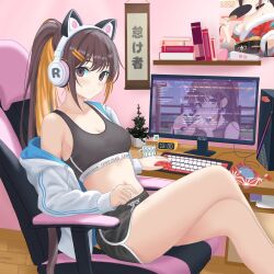  1girl animal_ear_headphones animal_ears black_shorts black_sports_bra blonde_hair blush book bookshelf breasts brown_eyes brown_hair cable chair cleavage clock closed_mouth collarbone colored_inner_hair commentary computer computer_keyboard computer_mouse computer_tower crossed_arms cup desk digital_clock dolphin_shorts drawstring english_commentary expressionless fake_animal_ears from_side gaming_chair hair_ornament hairclip headphones highres hood hooded_jacket indoors jacket large_breasts lewd_chan long_hair looking_at_viewer monitor multicolored_hair navel no_shirt open_clothes open_jacket original parallel_hairclips plant ponytail poster_(object) potted_plant sex_toy short_shorts shorts sitting solo sports_bra stomach sumi_(lewd_chan) swivel_chair timestamp vibrator white_jacket wooden_floor 