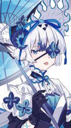  1boy arm_piercing black_gloves black_kimono blue_bow blue_eyes blue_hair blue_horns blue_ribbon blue_umbrella blunt_bangs bonnet bow colored_tips corset_piercing curled_horns dress_shirt earrings expressionless eyepatch flower_eyepatch flower_knot flower_ornament frilled_bonnet frilled_kimono frilled_shirt_collar frills gloves hair_bow hair_ornament holding holding_umbrella horns japanese_clothes jewelry jitome kimono lolita_fashion looking_at_viewer macchoko male_focus multicolored_hair neck_ribbon off_shoulder oil-paper_umbrella original piercing pom_pom_(clothes) pom_pom_earrings ribbon shirt short_eyebrows short_hair simple_background solo three-quarter_sleeves tongue tongue_out tongue_piercing umbrella umbrella_over_shoulder upper_body uroko_(pattern) wa_lolita white_background white_hair white_shirt wing_hair_ornament 