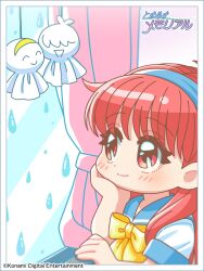 1girl aqua_hairband aqua_sailor_collar aqua_sleeve_cuffs blush bow bowtie chibi chibi_only choppy_bangs commentary_request company_name copyright_name curtains dot_nose eyelashes fujisaki_shiori hair_behind_ear hairband head_rest highres kirameki_high_school_uniform_(summer) konami logo long_hair official_art pastel_colors pink_eyes pink_hair sailor_collar school_uniform second-party_source serafuku short_sleeves solo split_mouth takami_naoto teruterubouzu tokimeki_memorial tokimeki_memorial_1 water_drop white_sleeves window yellow_bow yellow_bowtie yellow_hairband 