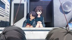  2boys 2girls :o angry arms_on_knees black_hair black_stripes blazer blue_sailor_collar bob_cut bow brown_eyes brown_hair buttons chest_bow child chuo_tanegashima_high_school_uniform chuo_tanegashima_high_winter_school_uniform closed_eyes collarbone daitoku_junna dark-skinned_female dark_skin fukuda_tomonori game_cg grey_jacket grey_shirt hair_between_eyes head_on_another&#039;s_shoulder high_ponytail highres jacket knees_up leaning_on_person leaning_to_the_side long_sleeves looking_at_another looking_at_viewer multiple_boys multiple_girls non-web_source official_art open_mouth ponytail ponytail_with_braided_base red_bow robotics;notes sailor_collar school_uniform senomiya_akiho shiny_lips shiny_skin shirt short_hair shouting side-by-side sitting sleeping sleeping_on_person sleeping_upright v-shaped_eyebrows 