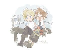  &gt;_&lt; 2boys @_@ belt black_coat black_coat_(kingdom_hearts) black_jacket black_pants black_shoes blonde_hair blue_background blue_eyes blue_shirt blush brown_hair closed_eyes coat food full_body hair_ornament hairclip highres holding holding_food holding_ice_cream hot ice_cream invisible_chair jacket kingdom_hearts kingdom_hearts_ii knee_up kpp_kh male_focus multiple_boys no_coat no_jacket open_mouth pants pouch roxas shirt shoes short_hair sitting sora_(kingdom_hearts) spiked_hair sweat t-shirt thigh_pouch towel towel_around_neck translation_request unworn_coat unworn_jacket white_shirt yellow_belt yellow_shoes 