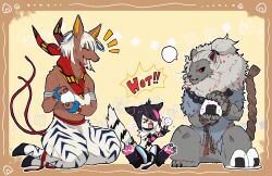  1boy 2girls akuma_(street_fighter) animal_hands bandeau cat elena_(street_fighter) food furrification furry furry_female furry_male grey_fur han_juri highres hooves kabeuchi_hs lion looking_at_another multicolored_hair multiple_girls okapi_(animal) okapi_ears okapi_tail onigiri red_eyes scarf smile streaked_hair street_fighter street_fighter_6 striped_fur 