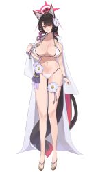  1girl absurdres animal_ear_fluff animal_ears bikini blue_archive blush breasts cape cleavage colored_inner_hair flower fox_ears fox_girl fox_tail full_body hair_flower hair_intakes hair_ornament halo highres kurowanjjyang large_breasts long_hair looking_at_viewer multicolored_hair navel official_alternate_costume official_alternate_hairstyle red_hair red_halo sandals simple_background solo standing swimsuit tail tall_female thighs very_long_hair wakamo_(blue_archive) wakamo_(swimsuit)_(blue_archive) white_background white_bikini white_cape yellow_eyes  rating:Sensitive score:18 user:danbooru