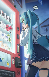  1girl absurdres bag belt black_thighhighs blue_eyes frilled_shirt frilled_skirt frills hatsune_miku highres jirai_kei long_hair long_sleeves looking_at_object midsummerw open_mouth pleated_skirt shirt single_thighhigh skirt standing sweatdrop teeth thigh_strap thighhighs thighs twintails vending_machine very_long_hair vocaloid 