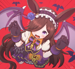  1girl animal_ears asymmetrical_bangs bat_background bat_wings black_bow black_bowtie blush bow bowtie brown_hair center_frills claw_pose ears_through_headwear embarrassed emphasis_lines fangs flipped_hair frilled_hairband frills from_above gloves hair_over_one_eye hairband high-waist_skirt highres horse_ears horse_girl horse_tail jack-o&#039;-lantern_ornament lolita_hairband long_bangs long_hair looking_at_viewer official_alternate_costume orange_bow puffy_short_sleeves puffy_sleeves purple_bow purple_bowtie purple_eyes purple_gloves raised_inner_eyebrows rakugakiraid red_background red_brooch rice_shower_(make_up_vampire!)_(umamusume) rice_shower_(umamusume) shirt short_sleeves skirt solo spiked_hair tail two-tone_bow two-tone_bowtie umamusume underbust waist_bow white_shirt wings 