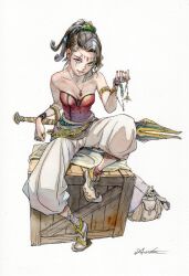  1girl aris_0827 arm_warmers armlet bag bandaged_ankle bandaged_foot bandages bare_shoulders bodice box circlet collarbone commentary_request crate fingernails full_body gem hair_ornament hair_scrunchie harem_pants high_ponytail highres hilt holding holding_jewelry holding_necklace jewelry looking_at_viewer necklace on_box original pants pendant pointy_footwear ponytail puffy_pants red_bodice red_eyes red_gemstone red_socks sash scrunchie signature simple_background single_arm_warmer single_sock sitting sitting_on_box smile socks solo sword waist_sash watch weapon white_background white_pants wristwatch 