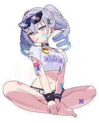  1girl bandaid bandaid_on_face barefoot belt black_choker black_shorts blue_hair blush bra_strap braid breasts candy choker collarbone commentary crop_top crossed_bangs deal_with_it_(meme) drill_hair food food_in_mouth full_body gradient_hair grey_eyes grey_hair hair_between_eyes hair_intakes hair_ornament hairclip highres honkai:_star_rail honkai_(series) indian_style lollipop looking_at_viewer meme multicolored_hair navel off-shoulder_shirt off_shoulder power_symbol print_shirt shirt short_shorts short_sleeves shorts sidelocks silver_wolf_(honkai:_star_rail) silver_wolf_(opening)_(honkai:_star_rail) silver_wolf_(samsung)_(honkai:_star_rail) simple_background sitting small_breasts solo stomach sunglasses symbol-only_commentary twin_drills watermark white_background white_belt white_shirt wristband zenshin  rating:Sensitive score:25 user:danbooru
