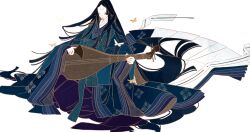  1girl absurdly_long_hair absurdres biwa_lute black_hair blue_kimono blunt_ends bug butterfly closed_mouth facing_down full_body heian highres holding holding_instrument insect instrument japanese_clothes kimono long_hair long_sleeves lute_(instrument) music original parted_bangs playing_instrument print_kimono solo surie very_long_hair white_background wide_sleeves yellow_butterfly 