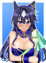  1girl animal_ears arm_under_breasts bare_shoulders blue_background blue_hair border breasts cleavage closed_mouth commentary_request ear_covers hair_between_eyes highres honda_takaharu horse_ears horse_girl long_hair looking_at_viewer mole mole_under_eye outside_border purple_eyes simple_background single_ear_cover smile solo umamusume upper_body verxina_(umamusume) white_border 