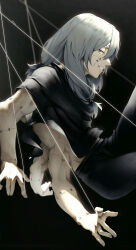  1boy absurdres air_(ai_r_) black_background black_pants black_shirt blue_eyes blue_hair extra_arms hair_ornament hair_scrunchie highres jujutsu_kaisen long_hair low-tied_long_hair mahito_(jujutsu_kaisen) male_focus pants scrunchie shirt solo stitched_arm stitched_face stitches string_pull 