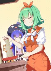  2girls a.i._voice ahoge black_choker black_hat black_pantyhose blue_dress blue_eyes blue_hair bow bow_hairband bowtie chaakusu choker closed_eyes closed_mouth commentary_request cooking doyagao dress dutch_angle eel_hat frilled_sailor_collar frills frying_pan gradient_clothes gradient_hair gradient_shirt green_hair gumi gumi_(a.i._voice) hair_between_eyes hair_ornament hairband hairclip hat highres holding holding_frying_pan holding_spice_shaker jitome kitchen large_hat long_hair looking_at_another medium_hair mortarboard multicolored_hair multiple_girls no_eyewear no_jacket orange_hairband orange_sailor_collar orange_shirt orange_skirt otomachi_una otomachi_una_(talkex) outline pantyhose pendant_choker pepper_(spice) pink_dress plaid_pantyhose pleated_dress polka_dot polka_dot_background puffy_short_sleeves puffy_sleeves sailor_collar sanpaku shirt short_sleeves sidelocks skirt sleeveless sleeveless_dress smile smug stove talkex v-shaped_eyebrows very_long_hair vocaloid voiceroid white_bow white_bowtie white_outline yellow_background 