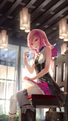  1girl bag bare_arms bare_shoulders bendy_straw black_boots black_bow boots bow commentary_request cup drink drinking_glass drinking_straw frilled_skirt frills hair_bow highres holding holding_cup long_hair looking_at_viewer low_ponytail multicolored_hair original pink_hair pink_skirt ponytail purple_bow purple_hair red_eyes saraki shirt skirt sleeveless sleeveless_shirt solo streaked_hair swept_bangs thighhighs white_bow white_shirt white_thighhighs  rating:Sensitive score:9 user:danbooru