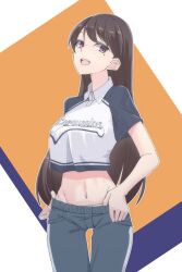  1girl :d bang_dream! bang_dream!_it&#039;s_mygo!!!!! black_shirt breasts brown_hair clothes_pull clothes_writing commentary cowboy_shot crop_top crop_top_overhang grey_pants groin gumoyu hair_behind_ear highres long_hair looking_at_viewer medium_breasts midriff mole mole_under_eye navel official_alternate_costume open_mouth orange_background panties pants pants_pull panty_peek polo_shirt pulling_own_clothes purple_background purple_eyes shiina_taki shirt short_sleeves smile solo standing stomach striped_clothes striped_pants teeth thigh_gap two-tone_shirt underwear upper_teeth_only very_long_hair white_background white_panties white_shirt 