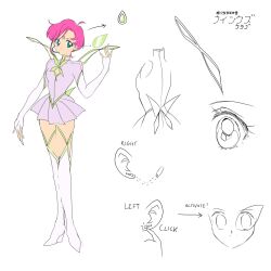  1990s_(style) 1girl adapted_costume ahoge animification aqua_eyes arrow_(symbol) asymmetrical_bangs back_bow bad_id bad_twitter_id bishoujo_senshi_sailor_moon boots bow closed_mouth collared_jacket commentary copyright_name dot_nose earrings elbow_gloves english_commentary eyelashes fairy fairy_wings faux_retro_artstyle fingerless_gloves flat_color forehead_jewel full_body gem gloves green_bow green_gemstone green_wings hand_up headset high_collar high_heel_boots high_heels highres honeymoonpetal jacket jewelry long_sleeves magical_girl miniskirt notice_lines parody partially_colored pink_hair pleated_skirt purple_jacket purple_skirt reference_sheet retro_artstyle short_hair simple_background skirt skirt_set smile stud_earrings style_parody tareme tecna_(winx_club) thigh_boots white_background white_boots white_gloves wings winx_club 