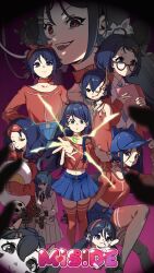  2d_mita_(miside) 6+girls absurdres baseball_cap blue_hat blue_skirt chibi_mita_(miside) commentary cool_mita_(miside) copyright_name core_mita_(miside) creepy_mita_(miside) glasses hair_ornament hairband hairclip hat highres inseki11 jewelry kind_mita_(miside) long_hair looking_at_viewer mila_(miside) miniskirt miside mita_(miside) multiple_girls pleated_skirt purple_eyes purple_hair red_hairband red_pupils red_sweater red_thighhighs ring short-haired_mita_(miside) short_hair skirt sleep_mask sleepy_mita_(miside) sweater symbol-only_commentary thighhighs tiny_mita_(miside) yandere 