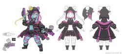  1girl artist_request black_boots black_coat blue_hair blue_skin boots coat colored_skin concept_art dual_wielding fighting_stance final_fantasy final_fantasy_xiv green_eyes headphones headphones_around_neck highres holding hood hood_up lalafell long_hair looking_at_viewer monster_girl off-shoulder_coat off_shoulder official_art paint_gun pantyhose pink_pantyhose reference_sheet simple_background slime_girl smile solo standing sugar_riot tank_top torn_clothes torn_pantyhose white_background 