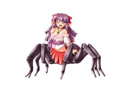  arthropod_girl arthropod_limbs bare_shoulders bow dress hair_ribbon insect_girl japanese_clothes jewelry long_hair magatama magatama_necklace maya_(mon-musu_quest!) miko mon-musu_quest! mon-musu_quest:_paradox monster_girl necklace nekomanma_(byougatei) non-web_source one_eye_closed open_mouth purple_bow purple_eyes purple_hair red_ribbon red_skirt ribbon short_sleeves skirt spider_girl stomach_tattoo tattoo taur white_background white_dress 