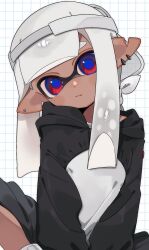  1girl backwards_hat black_hoodie blue_pupils closed_mouth dark-skinned_female dark_skin ear_piercing grey_hair grid_background hat highres hood hoodie inkling inkling_girl inkling_player_character long_hair looking_at_viewer mole mole_under_eye nintendo piercing pointy_ears red_eyes sabata_saba simple_background sitting solo splatoon_(series) splatoon_3 tentacle_hair visor_cap white_background 